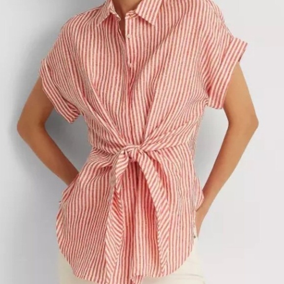 Lauren Ralph Lauren Tops - Lauren Ralph Lauren Red White Striped Linen Front Tie Shirt Large Short Sleeve